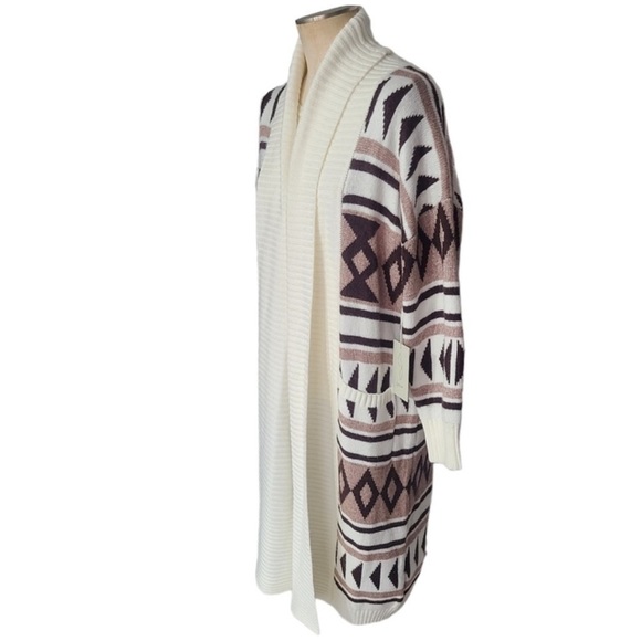 JOIE Aztec Tan Brown Long Sleeve Open Front Duster Sweater Cardigan Small - Picture 4 of 16